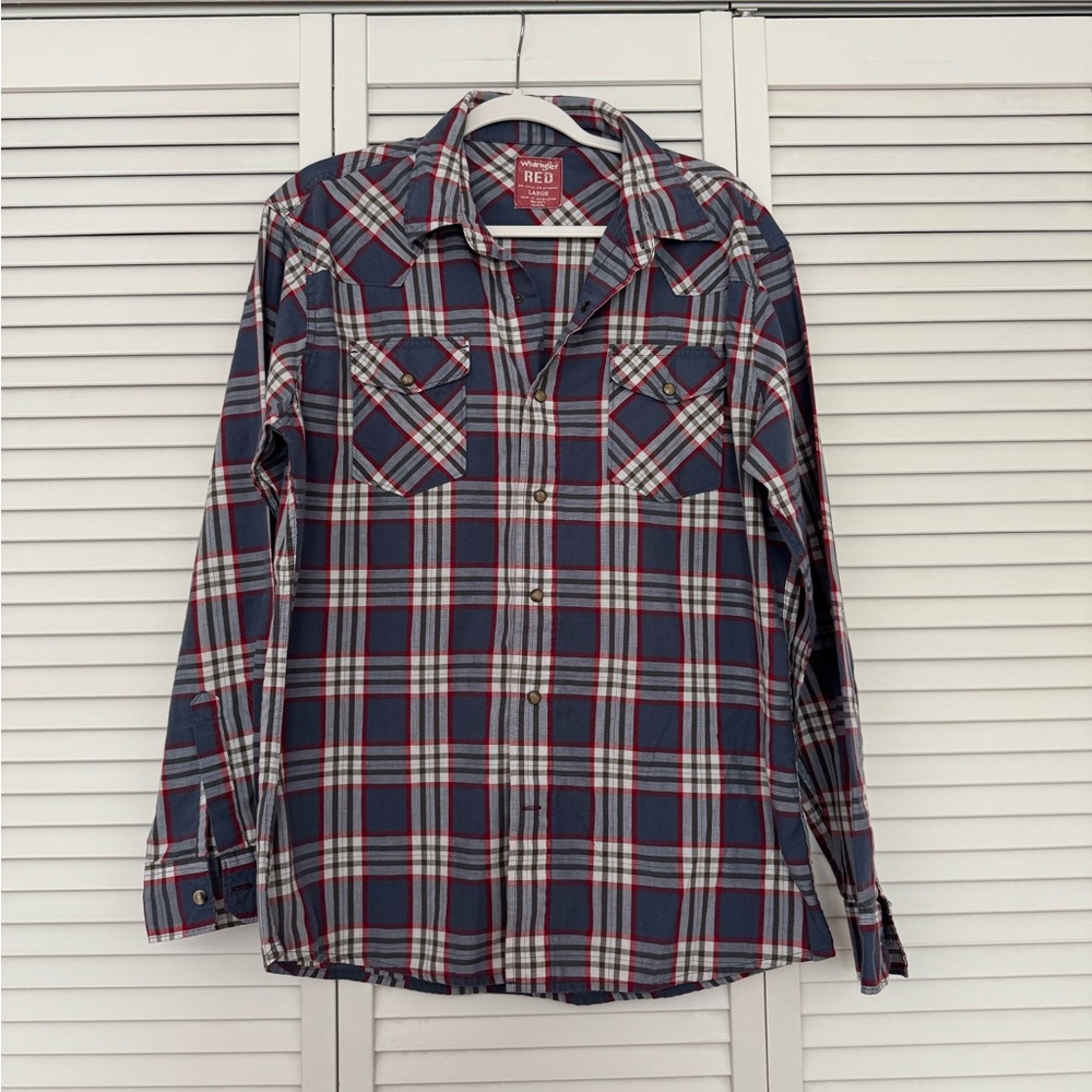 Wrangler Western Plaid Button Down Pearl Snap Cowboy Shirt Sz L Rodeo